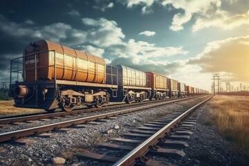 Fototapeta na wymiar Cargo train at sunset. International train transport