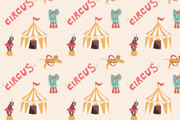 cute seamless pattern with circus animals and tent
