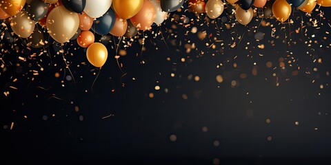 Elegant celebration background featuring a burst of joyous confetti and luxurious gold balloons