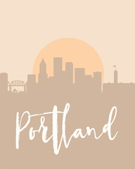 City poster of Portland with building silhouettes at sunset
