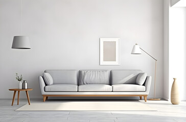 Empty living room interior with a grey sofa in front of a white wall, interior design of a minimalist living room in a white room with blank poster frame mockup, modern living room, wooden floor