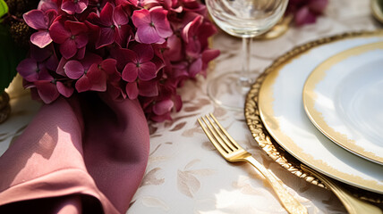 Wedding or formal dinner holiday celebration tablescape with hydrangea flowers in the English countryside garden, table setting with hydrangeas and wine, floral table decor for family dinner party