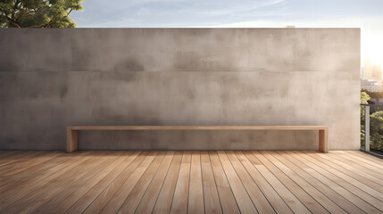 exterior wooden balcony  with large empty concrete wall - obrazy, fototapety, plakaty