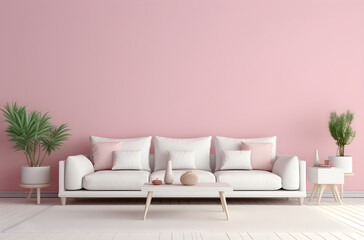 Empty living room interior with a white sofa in front of a pink wall, interior design of a minimalist living room in a pink room, blank living room mockup, modern living room, pink pillow, white couch