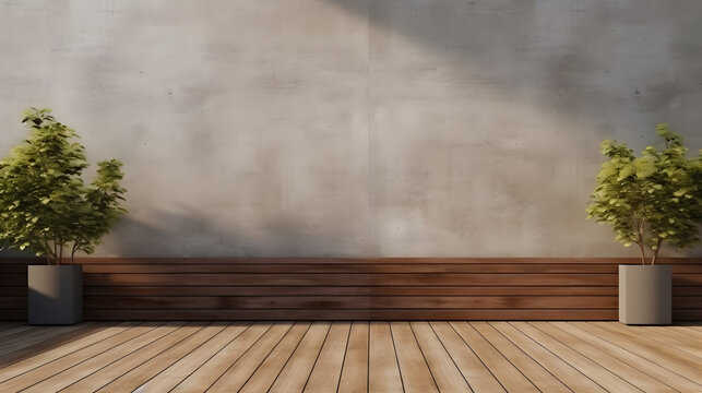 exterior wooden balcony  with large empty concrete wall