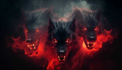 AI generated illustration of Three red fire wolf heads with bared fangs against a black background - obrazy, fototapety, plakaty