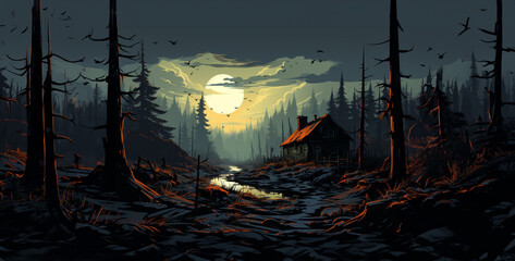 halloween night in the forest, 2d vector pop art cabin next to shed in the woods