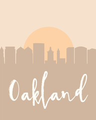 City poster of Oakland with building silhouettes at sunset