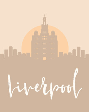 City poster of Liverpool with building silhouettes at sunset