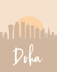 City poster of Doha with building silhouettes at sunset