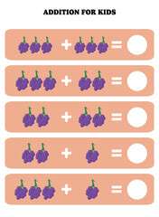 Addition page for kids. Educational math game for children with grape. Printable worksheet design. Learning mathematic.