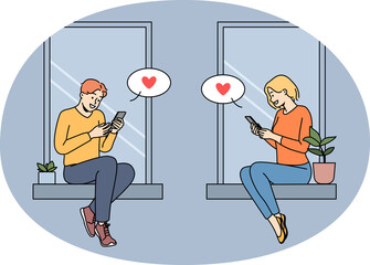 Couple texting online on smartphones