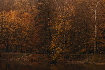 Calm evening on the lake, clear calm water, trees with autumn foliage and their reflection in the...