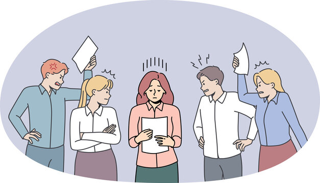 stressed woman surrounded by angry coworkers
