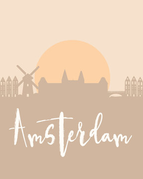 City poster of Amsterdam with building silhouettes at sunset