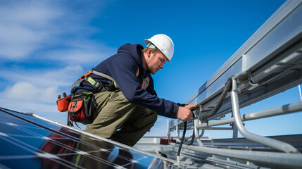 A detailed close-up of a technician securing solar panels onto a mounting structure, highlighting the precision and attention to detail involved in the installation process. 