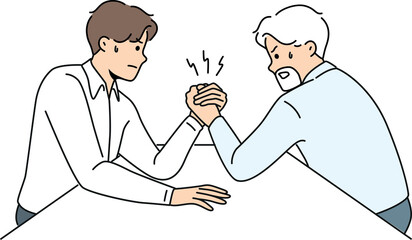 Competition of office workers of different ages doing arm wrestling to reveal strongest manager
