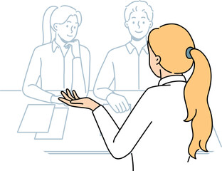 Woman in interview sitting at table with recruiters wanting to get new job with salary and insurance