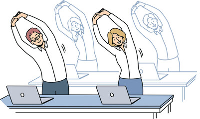 Office workers do exercises standing at workplaces and stretching arms up to increase productivity