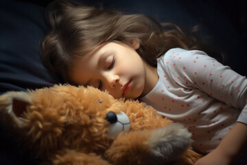 Obraz na płótnie Canvas Dreamland Serenity, Little Girl Sleeping Peacefully with Favorite Toy