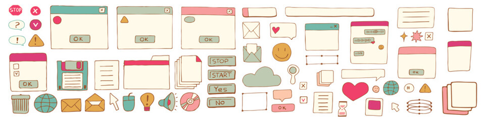 dialog boxes old. Retro pc elements, user interface, operating system, windows, icons in trendy retro style. old computer ui elements dialog boxes vector set. Illustration 90s. Vector illustration