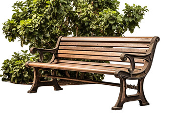 Wooden Park Bench Isolated on Blue Studio Background with Text Space isolated on PNG Background. Generative Ai.