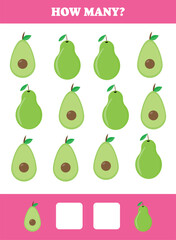 How many fruit are there? Educational math game for kids. Printable worksheet design for preschool, kindergarten or elementary students. Learning mathematic. Counting exercise.