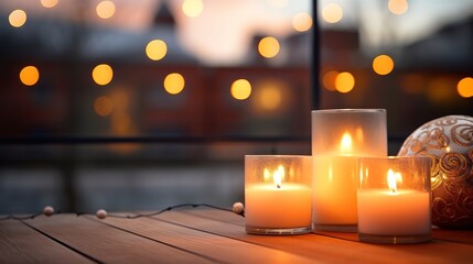 Balcony with burning candles and other decorations on a bright bokeh background