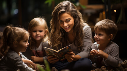 Children's Storytime: A heartwarming image of a group of children listening intently to a storyteller in a library or park setting