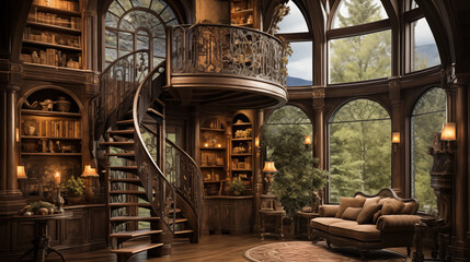 Majestic Home Library: A grand home library with a spiral staircase, high ceilings, and rich mahogany bookshelves - obrazy, fototapety, plakaty