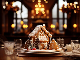 Fototapeta na wymiar A gingerbread house sits on a table, ready for the holiday season.