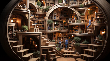Bookshelf Maze: An intricate arrangement of bookshelves creating a maze-like structure, showcasing the adventure of exploration in reading