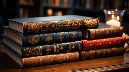 Leather-Bound Classics: A close-up of a collection of leather-bound classic books, highlighting the elegance and timelessness of literature