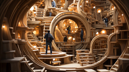 Bookshelf Maze: An intricate arrangement of bookshelves creating a maze-like structure, showcasing the adventure of exploration in reading
