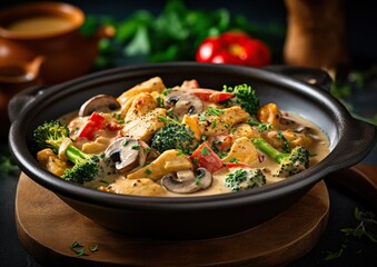 Appetizing dish with chicken, broccoli, mushrooms, and peppers in a creamy sauce, served in a black skillet on a wooden stand, against a dark background with vegetables and greens. 