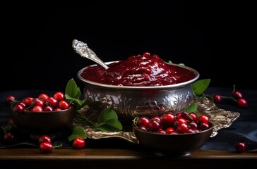 A silver metal bowl filled with bright red jam, with fresh red berries and green leaves nearby on the dark background. Winter food concept.