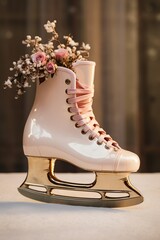 White figure skates with golden blades and pink laces, decorated with flowers and branches against a curtain background. Vertical format.