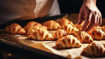 French baker taking golden croissants out of the oven. - obrazy, fototapety, plakaty