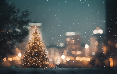 Christmas tree new year on blurred cityscape winter background Generated AI