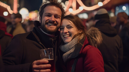 Man and woman couple in a crowd with drinks at a Christmas market.