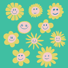 White chamomile flowers with smiling faces. Kind flowers isolated on pink background. Different faces and emotions. Vector illustration