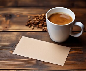Obraz na płótnie Canvas A mug of coffee on a wooden background next to scattered coffee beans and an empty brown paper card. Copy space for your text