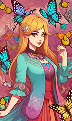 Portrait of a girl surrounded by butterflies paint style illustration.