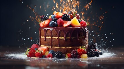Chocolate cake with berries on wooden table.