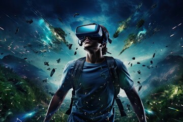 Person looking and using the Virtual Reality VR headset and imaging to the fantasy outer space war adventure abstract background.