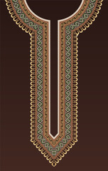 Neck embroidery decoration for the Indian kurta with ancient Greek fret motifs. The colorful repeating geometrical neckline pattern on a gradient brown background.