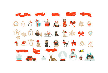 Hand drawn vector abstract cartoon Merry Christmas and Happy new year clipart illustration elements set with dogs,gingerbread cookies and ribbons.Merry Christmas cute design.Winter holiday decoration.