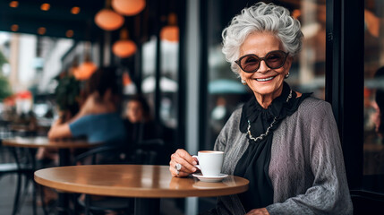 smily elderly woman drinking coffee  - obrazy, fototapety, plakaty