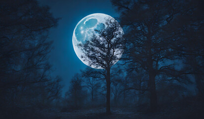 Fototapeta na wymiar Spooky night forest background with full moon, A night sky with a full moon and a gloomy woodland setting, Full Moon over a Mysterious Forest