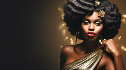 Fototapeta premium Portrait of an African-American dark-skinned young woman in a gold dress and hairstyle looking at the camera on a black background with copy space. concept of beauty, fashion and new year. Retro style
